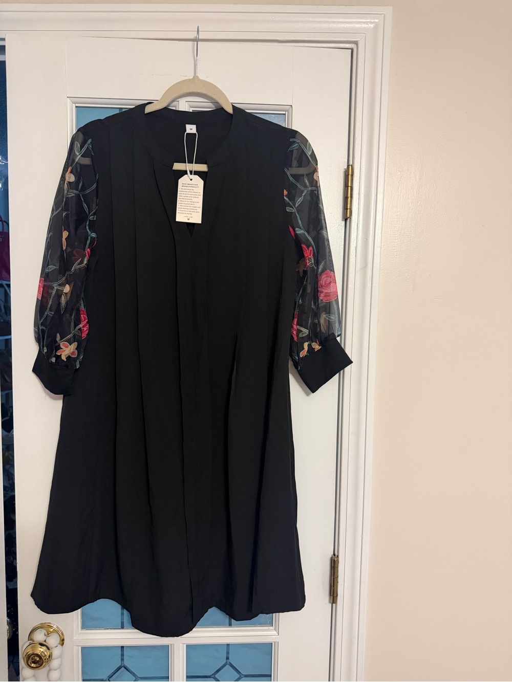 Source Unknown Black A-Line Dress with Embroidered Sheer Floral Sleeves